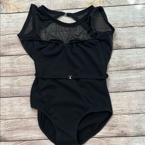 Adults Black One Piece Open Back Mesh Ballet Leotard Large